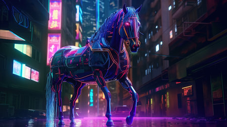 majestic horse cyberpunk, digital art illustration, Generative AIの素材