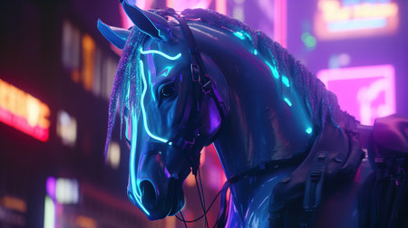 majestic horse cyberpunk, digital art illustration, Generative AIの素材