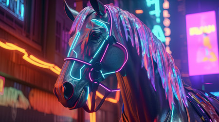 majestic horse cyberpunk, digital art illustration, Generative AIの素材