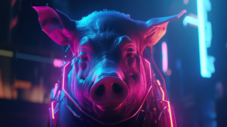 pig neon cyberpunk, digital art illustration, Generative AIの素材