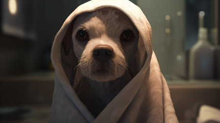 dog wearing bath towel, digital art illustration, Generative AIの素材