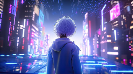 young male stepping into metaverse, digital art illustration, Generative AIの素材