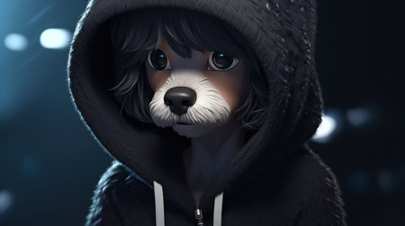 dog in black cotton hoodie, digital art illustration, Generative AIの素材