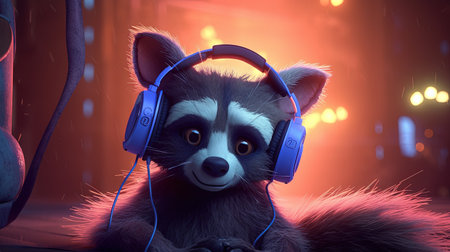 raccoon in headphones, digital art illustration, Generative AIの素材