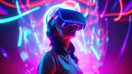 woman in VR glasses in neon space, digital art illustration, Generative AIの素材