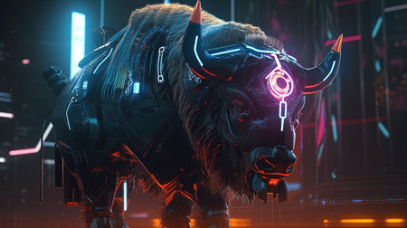 bison cyberpunk, digital art illustration, Generative AIの素材