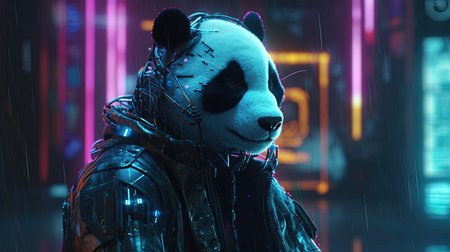 cyberpunk panda, digital art illustration, Generative AIの素材