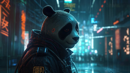 cyberpunk panda, digital art illustration, Generative AIの素材