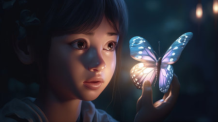 girl with butterfly, digital art illustration, Generative AIの素材