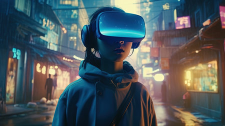 girl wearing VR is lost, digital art illustration, Generative AIの素材