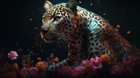 majestic leopard with colorful flower, digital art illustration, Generative AIの素材