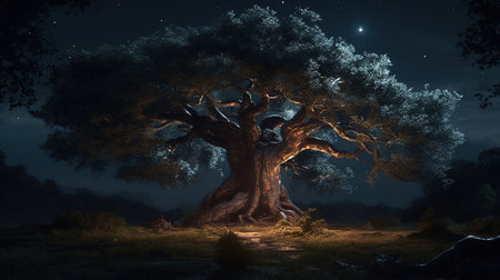 tall tree stand in darkness, digital art illustration, Generative AIの素材