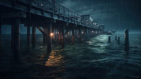dark pier, digital art illustration, Generative AIの素材
