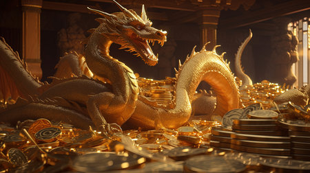 dragon guards hoard of golden treasure, digital art illustration, Generative AIの素材