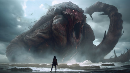 mage summons massive monster, digital art illustration, Generative AIの素材