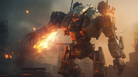 robot use flying incinerator, digital art illustration, Generative AIの素材