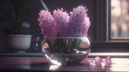 clear vase with water and blooming flower, digital art illustration, Generative AIの素材