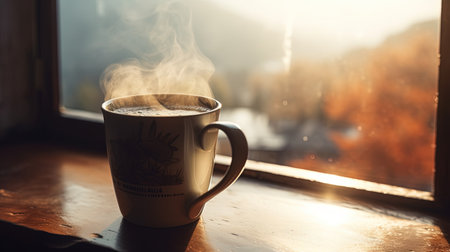 cozy scene coffee mug on window, digital art illustration, Generative AIの素材