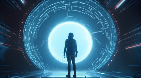 heroic character in futuristic portal, digital art illustration, Generative AIの素材