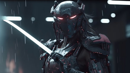 cyborg samurai girl, digital art illustration, Generative AIの素材