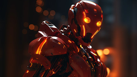 modern robot with fiery red and orange, digital art illustration, Generative AIの素材
