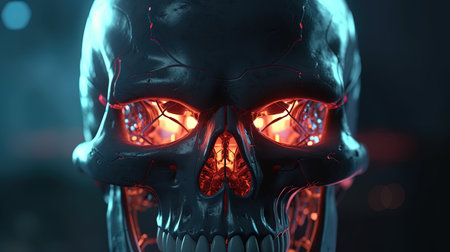 sci fi human skull with glowing red eyes, digital art illustration, Generative AIの素材