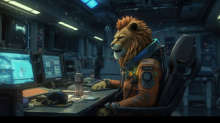 administrator lion anthropomorphic, digital art illustration, Generative AIの素材