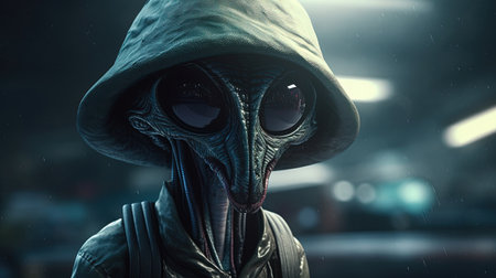 alien wearing bucket hat, digital art illustration, Generative AIの素材