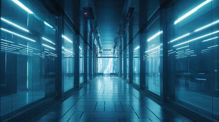 blue glass panel corridor, digital art illustration, Generative AIの素材