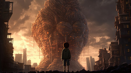 child stares at towering inferno giant, digital art illustration, Generative AIの素材