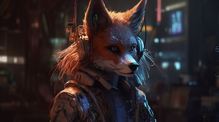 hacker fox, digital art illustration, Generative AIの素材
