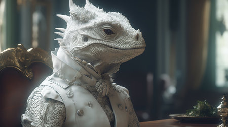 white iguana aristocratic, digital art illustration, Generative AIの素材