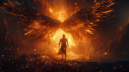 man with fiery wings, digital art illustration, Generative AIの素材