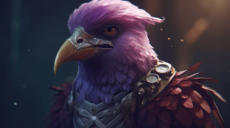 educated puerile purple bird, digital art illustration, Generative AIの素材