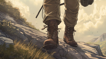 hiker walking on mountain trail, digital art illustration, Generative AIの素材