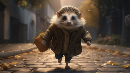 cute hedgehog running, digital art illustration, Generative AIの素材