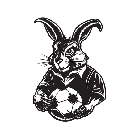 rabbit football player, vintage logo line art concept black and white color, hand drawn illustrationのイラスト素材