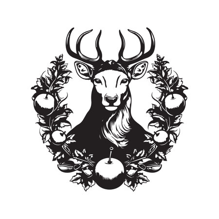 apple with deer, vintage logo line art concept black and white color, hand drawn illustrationのイラスト素材