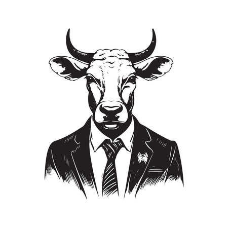 zebu wearing suit, vintage logo line art concept black and white color, hand drawn illustrationのイラスト素材
