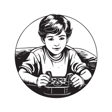 boy playing game, vintage logo line art concept black and white color, hand drawn illustrationのイラスト素材