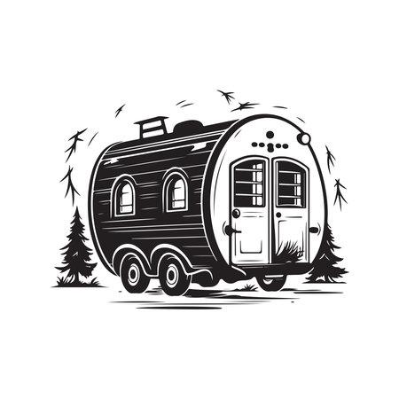 camp trailer, vintage logo line art concept black and white color, hand drawn illustrationのイラスト素材