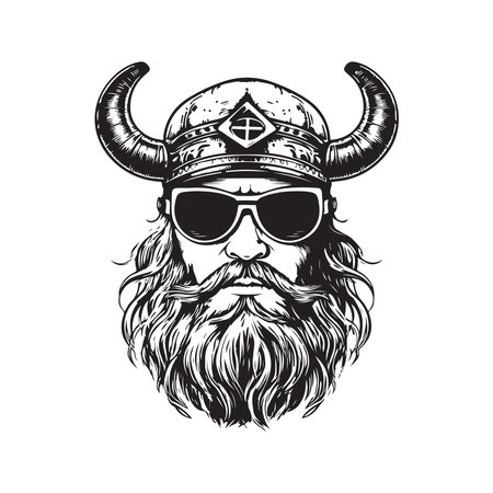 viking wearing sunglasses, vintage logo line art concept black and white color, hand drawn illustrationのイラスト素材
