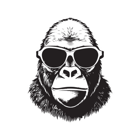 gorilla wearing sunglasses, vintage logo line art concept black and white color, hand drawn illustrationのイラスト素材