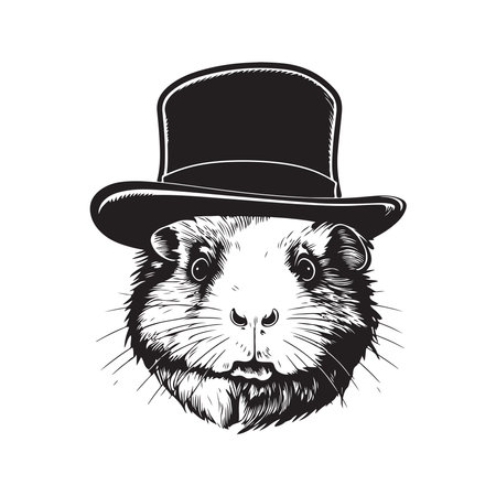 guinea pig wearing hat, vintage logo line art concept black and white color, hand drawn illustrationのイラスト素材