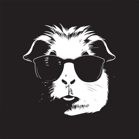 guinea pig wearing sunglasses, vintage logo line art concept black and white color, hand drawn illustrationのイラスト素材