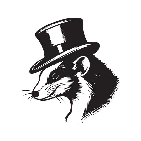 skunk wearing hat, vintage logo line art concept black and white color, hand drawn illustrationのイラスト素材