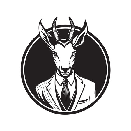 springbok wearing suit, vintage logo line art concept black and white color, hand drawn illustrationのイラスト素材
