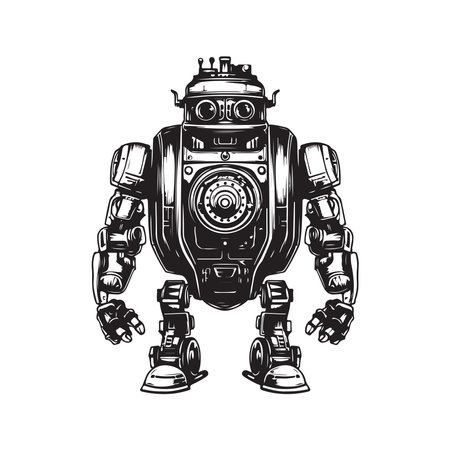 sci fi robot, vintage logo line art concept black and white color, hand drawn illustrationのイラスト素材