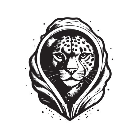cheetah wearing hoodie, vintage logo line art concept black and white color, hand drawn illustrationのイラスト素材