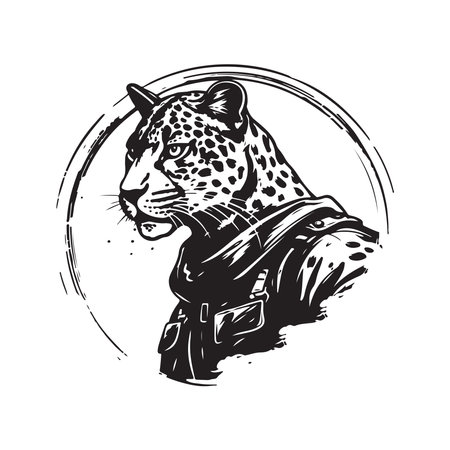 cheetah soldier, vintage logo line art concept black and white color, hand drawn illustrationのイラスト素材